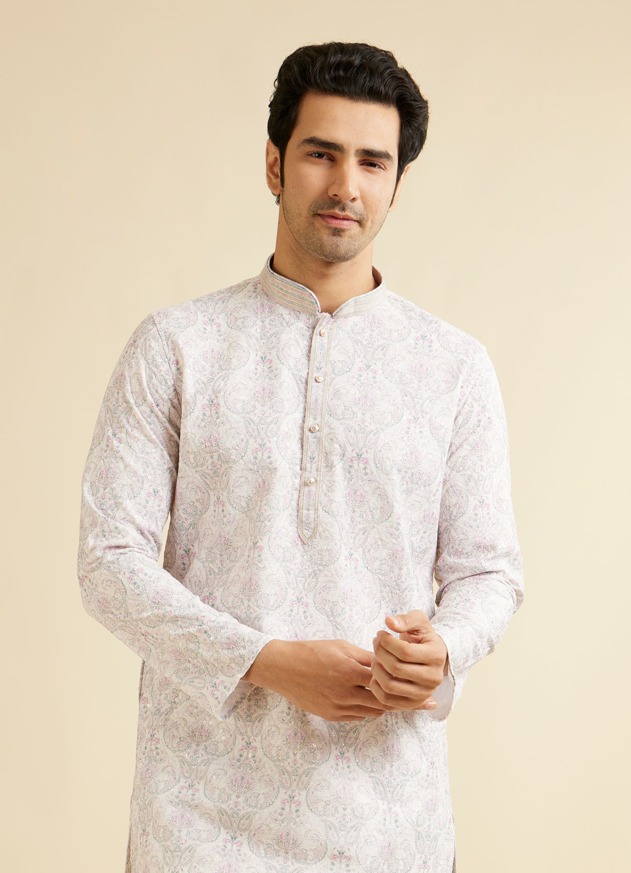 Manyavar Men Pink & Warm White Chikankari Inspired Floral Buta Print Kurta Set