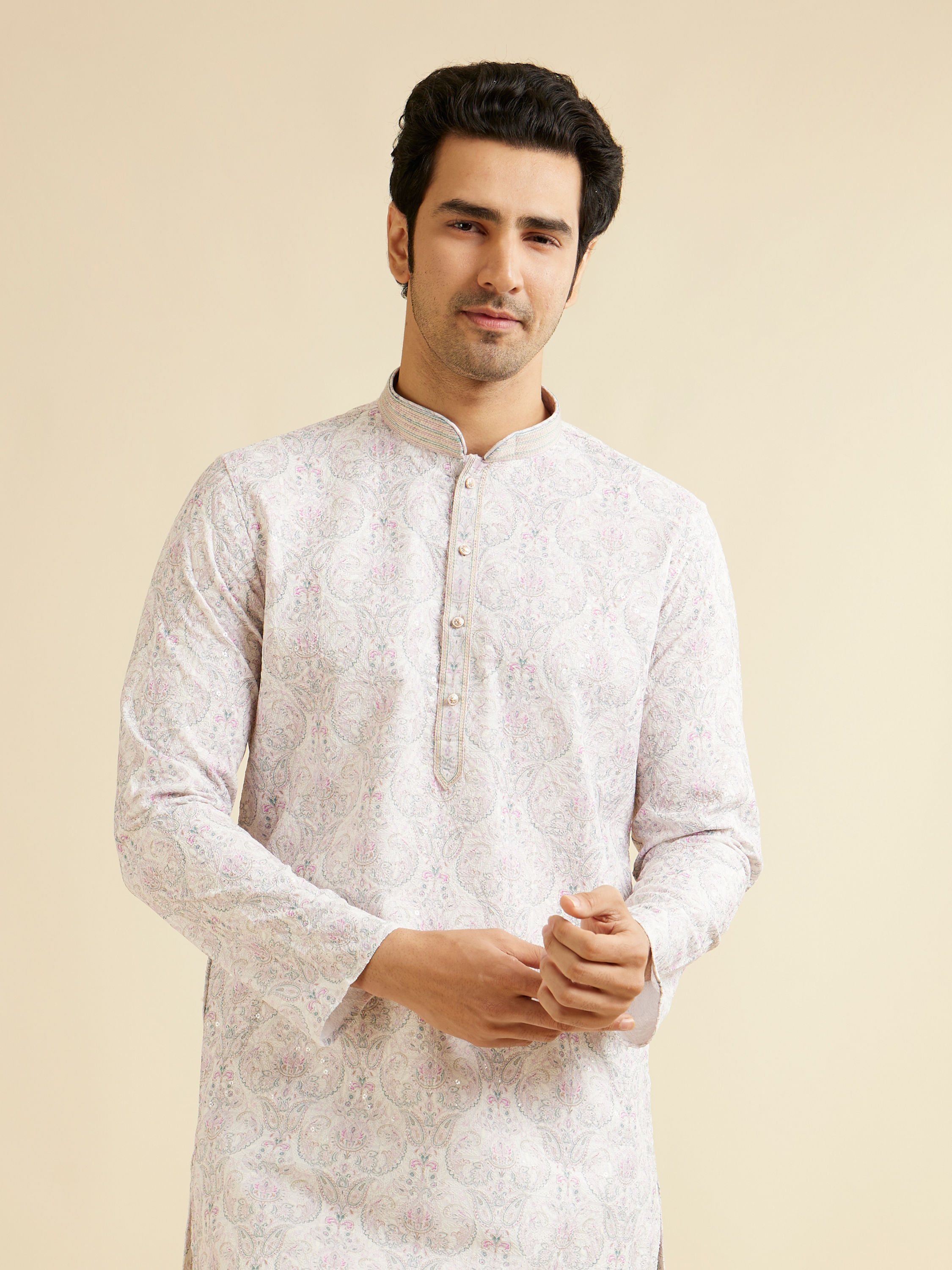 Manyavar Men Pink & Warm White Chikankari Inspired Floral Buta Print Kurta Set