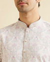 alt message - Manyavar Men Pink & Warm White Chikankari Inspired Floral Buta Print Kurta Set image number 1