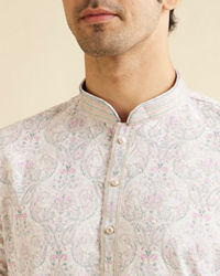 Manyavar Men Pink & Warm White Chikankari Inspired Floral Buta Print Kurta Set