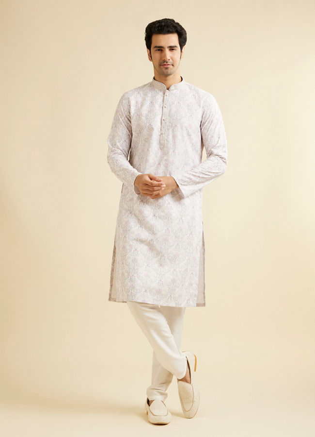 Manyavar Men Pink & Warm White Chikankari Inspired Floral Buta Print Kurta Set