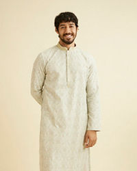 Manyavar Men Soft Green Chikankari Inspired Floral Buta Print Kurta Set