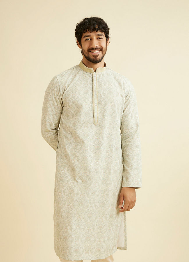 alt message - Manyavar Men Soft Green Chikankari Inspired Floral Buta Print Kurta Set image number 0