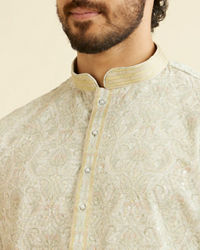 Manyavar Men Soft Green Chikankari Inspired Floral Buta Print Kurta Set