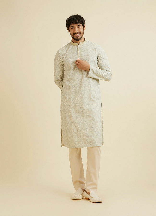 alt message - Manyavar Men Soft Green Chikankari Inspired Floral Buta Print Kurta Set image number 2