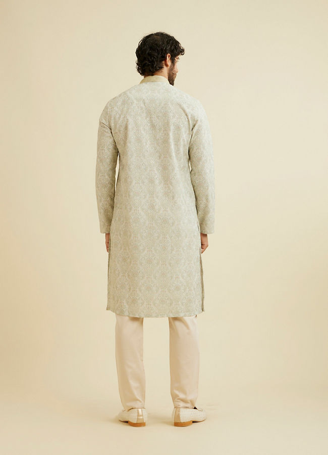 Manyavar Men Soft Green Chikankari Inspired Floral Buta Print Kurta Set