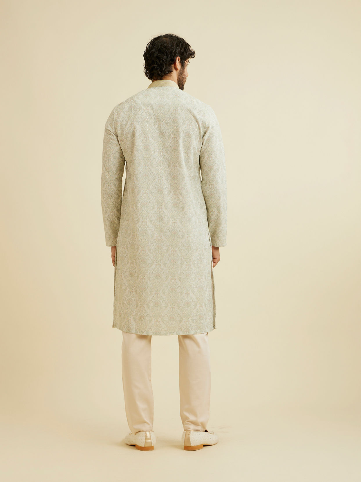 Manyavar Men Soft Green Chikankari Inspired Floral Buta Print Kurta Set