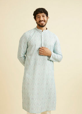 alt message - Manyavar Men Aqua Green Chikankari Inspired Floral Buta Print Kurta Set image number 0