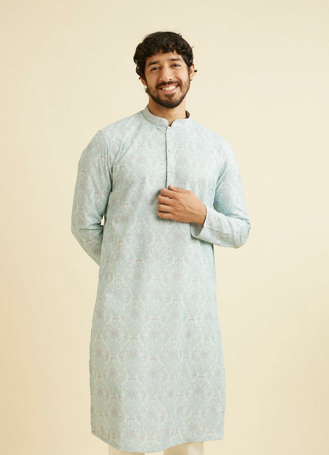 alt message - Manyavar Men Aqua Green Chikankari Inspired Floral Buta Print Kurta Set image number 0