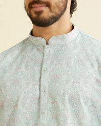 Manyavar Men Aqua Green Chikankari Inspired Floral Buta Print Kurta Set