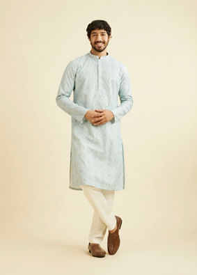 alt message - Manyavar Men Aqua Green Chikankari Inspired Floral Buta Print Kurta Set image number 2