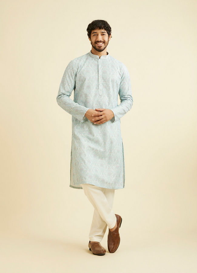 Manyavar Men Aqua Green Chikankari Inspired Floral Buta Print Kurta Set