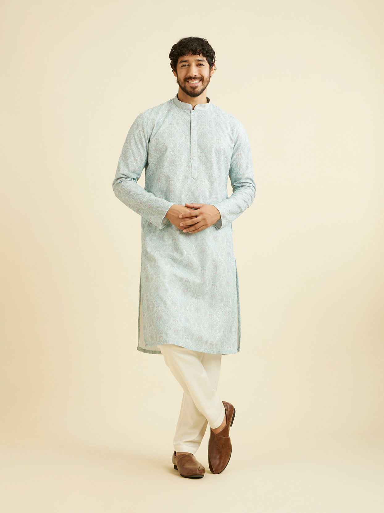 Manyavar Men Aqua Green Chikankari Inspired Floral Buta Print Kurta Set