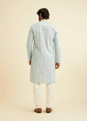 alt message - Manyavar Men Aqua Green Chikankari Inspired Floral Buta Print Kurta Set image number 5