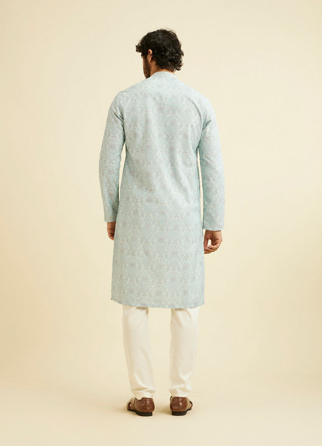 Manyavar Men Aqua Green Chikankari Inspired Floral Buta Print Kurta Set