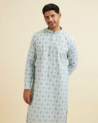 Manyavar Men Light Blue Jaal and Medallion Patterned Kurta Set