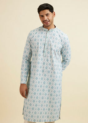 Manyavar Men Light Blue Jaal and Medallion Patterned Kurta Set image number 0