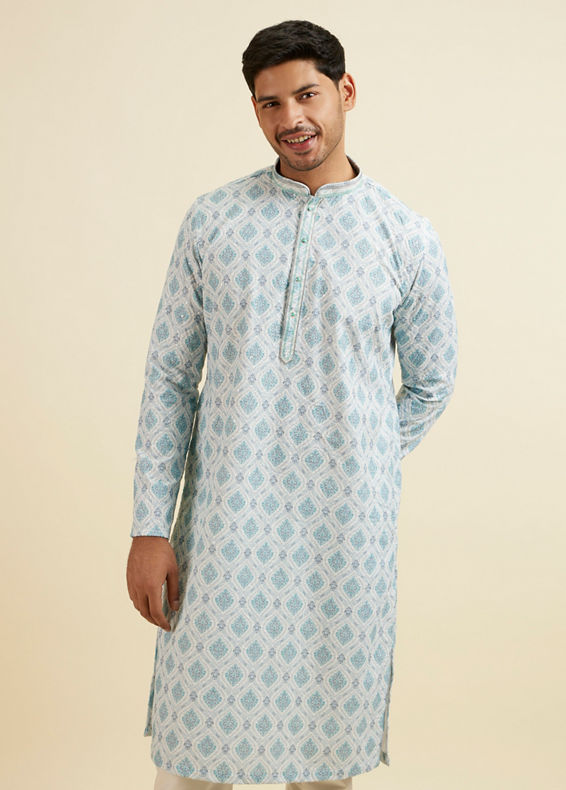 Manyavar Men Light Blue Jaal and Medallion Patterned Kurta Set