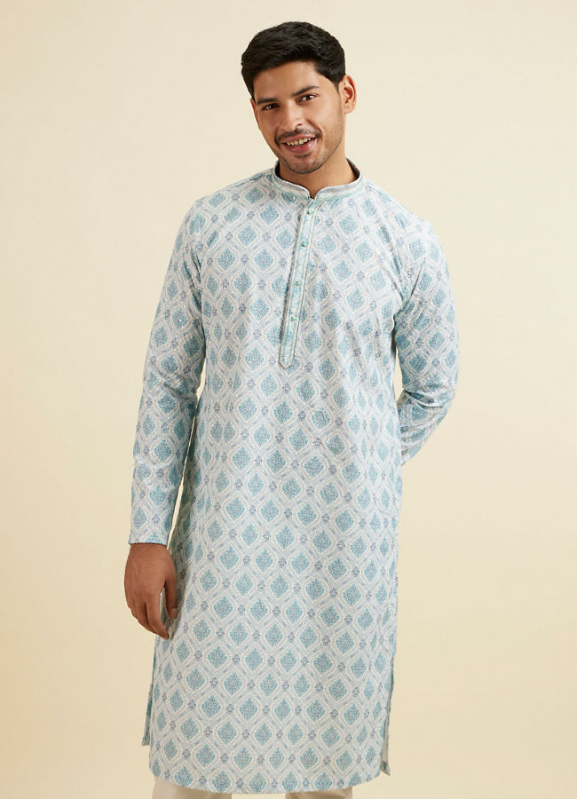 Manyavar Men Light Blue Jaal and Medallion Patterned Kurta Set image number 0