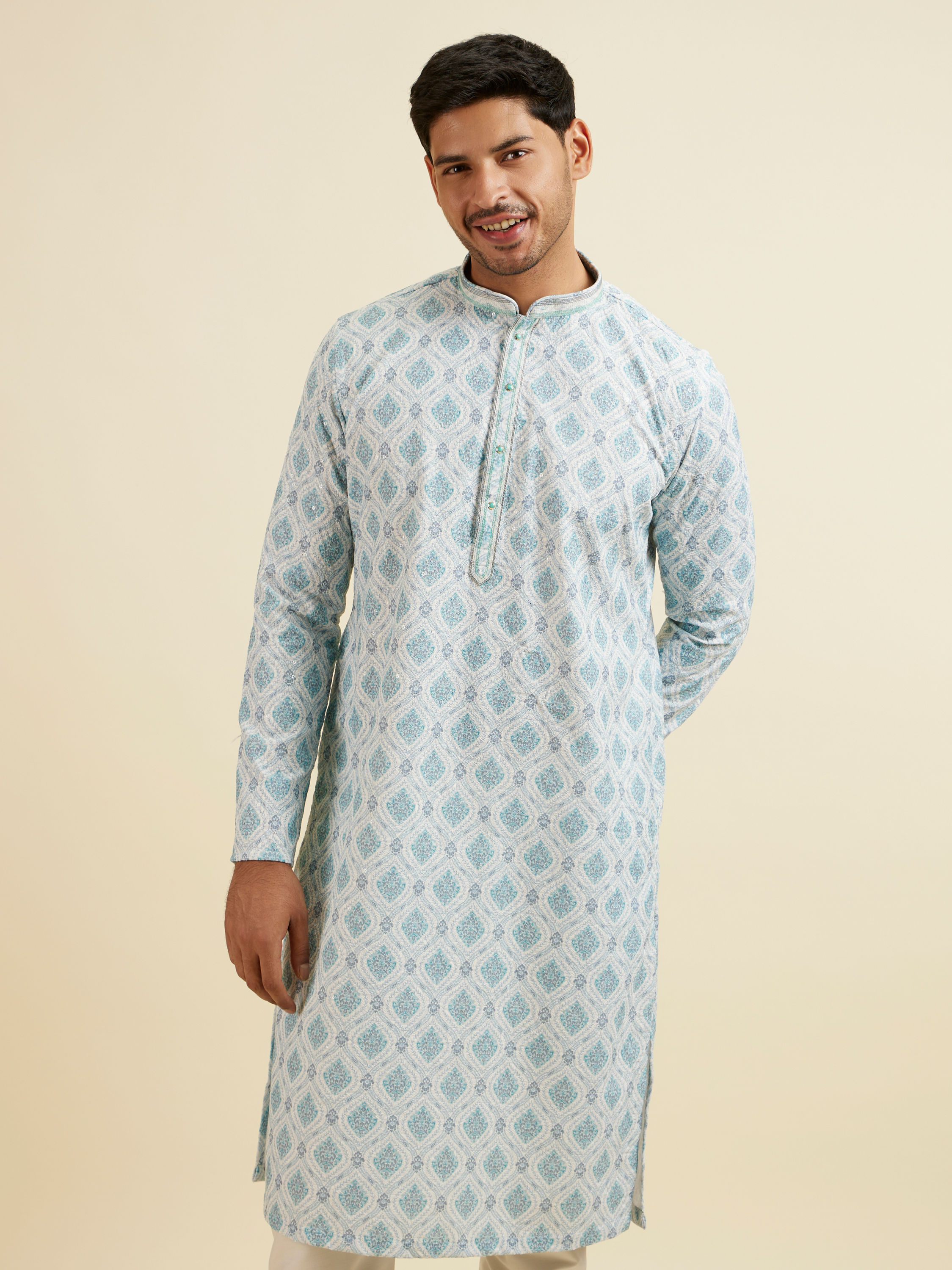 Manyavar Men Light Blue Jaal and Medallion Patterned Kurta Set