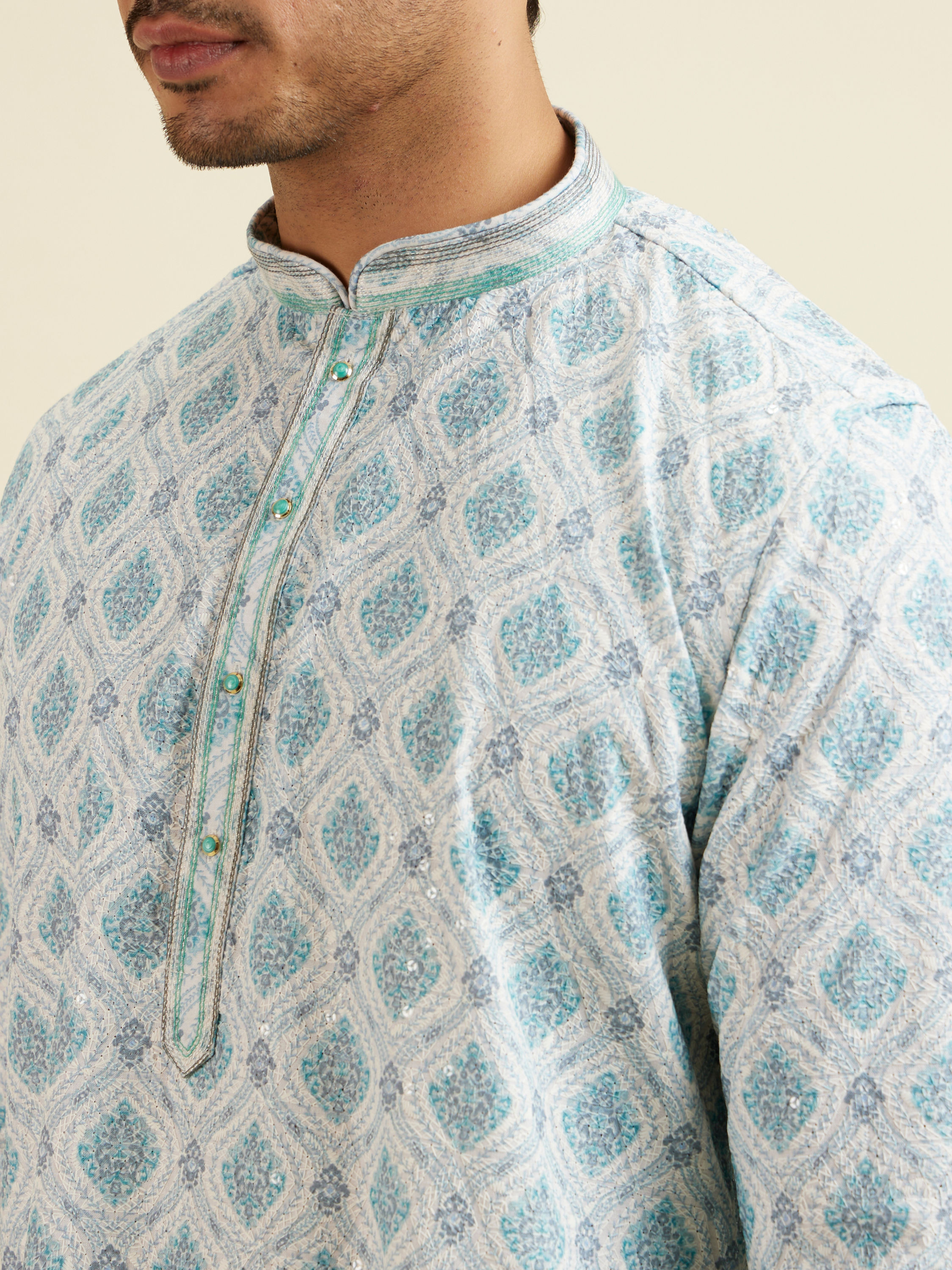 Manyavar Men Light Blue Jaal and Medallion Patterned Kurta Set