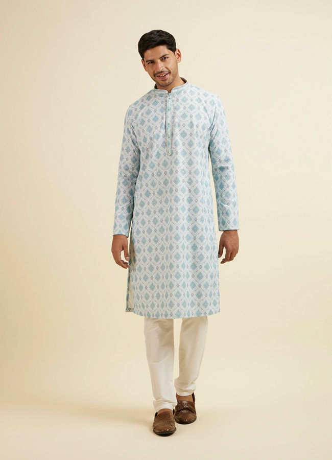 Manyavar Men Light Blue Jaal and Medallion Patterned Kurta Set image number 2