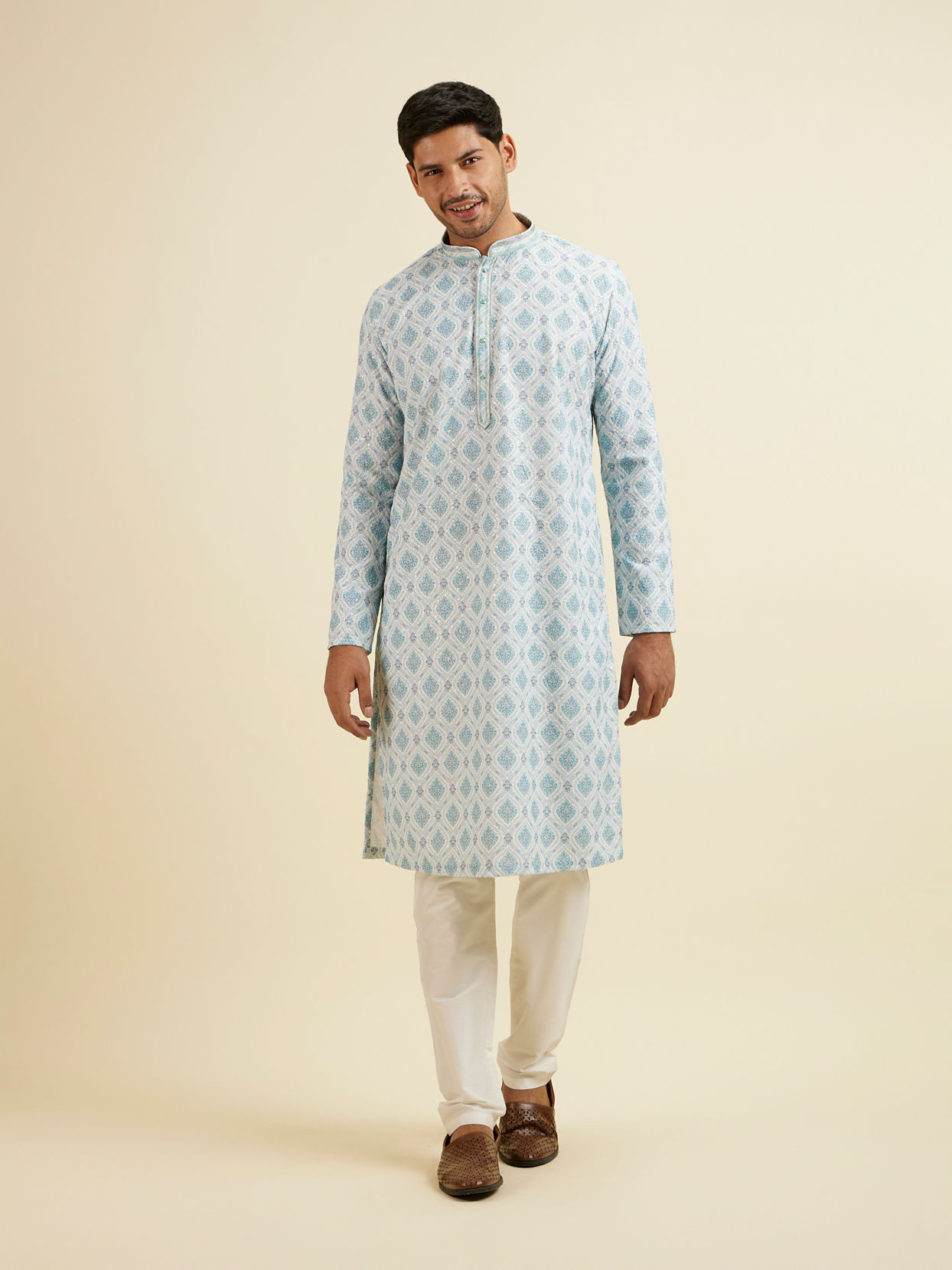 Manyavar Men Light Blue Jaal and Medallion Patterned Kurta Set