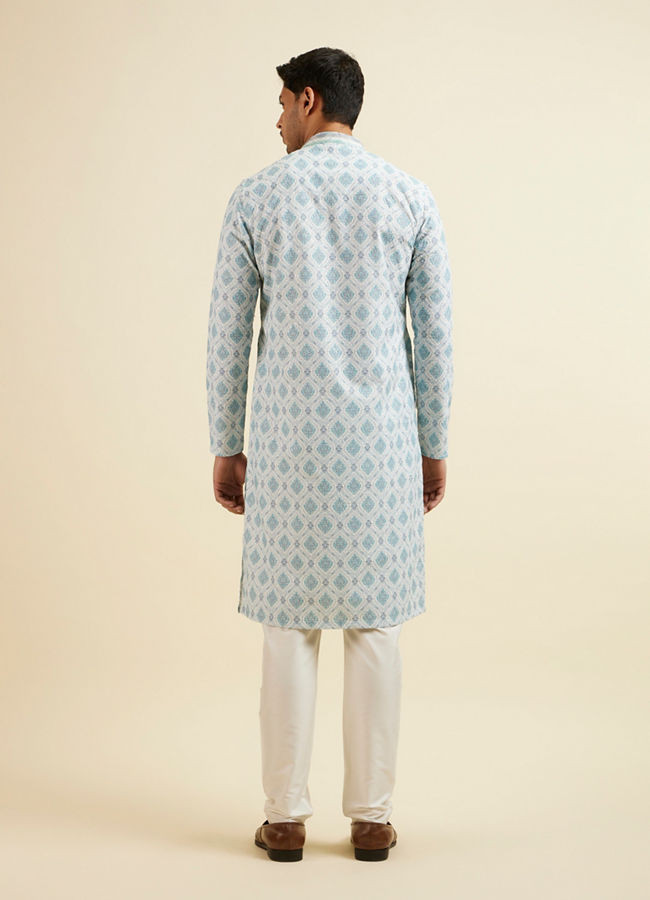 Manyavar Men Light Blue Jaal and Medallion Patterned Kurta Set image number 4