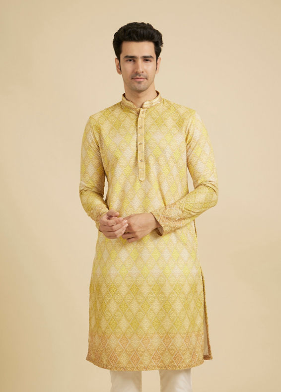 Manyavar Men Mustard Yellow Ogee Pattern Chikankari Inspired Ditsy Print Kurta Set