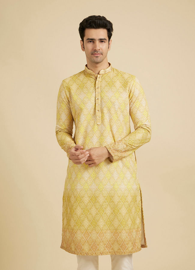 Manyavar Men Mustard Yellow Ogee Pattern Chikankari Inspired Ditsy Print Kurta Set