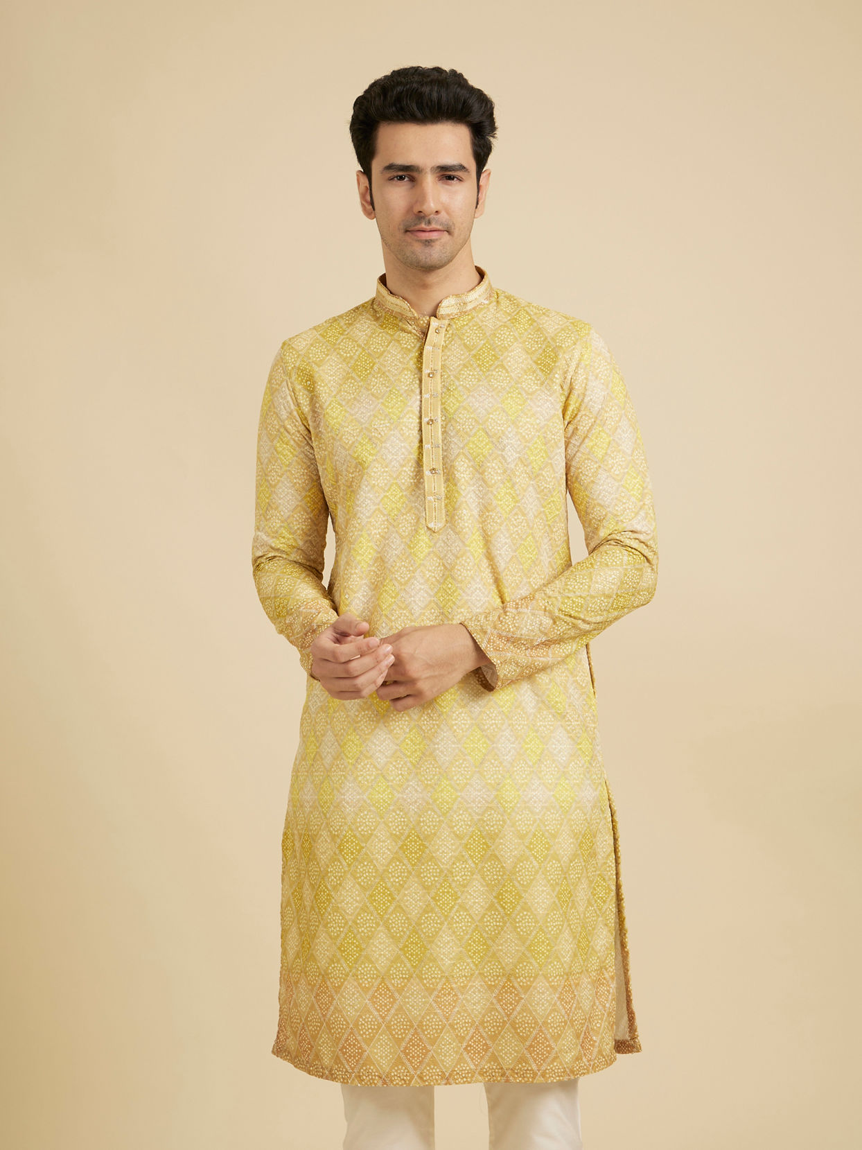 Manyavar Men Mustard Yellow Ogee Pattern Chikankari Inspired Ditsy Print Kurta Set