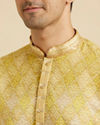 Manyavar Men Mustard Yellow Ogee Pattern Chikankari Inspired Ditsy Print Kurta Set