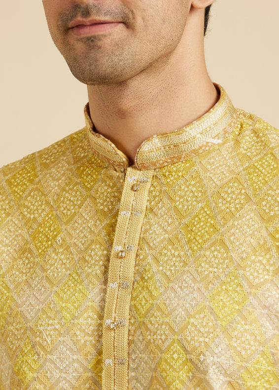 Manyavar Men Mustard Yellow Ogee Pattern Chikankari Inspired Ditsy Print Kurta Set