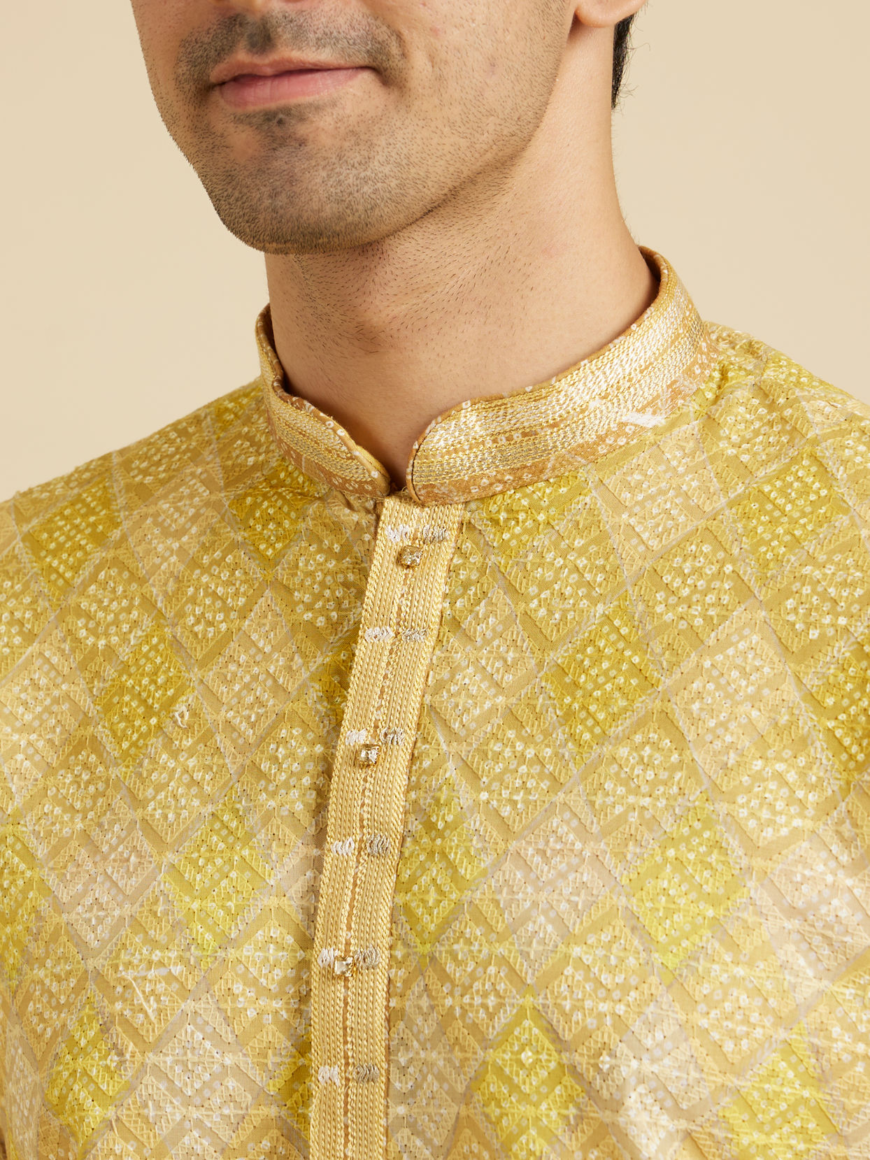 Manyavar Men Mustard Yellow Ogee Pattern Chikankari Inspired Ditsy Print Kurta Set