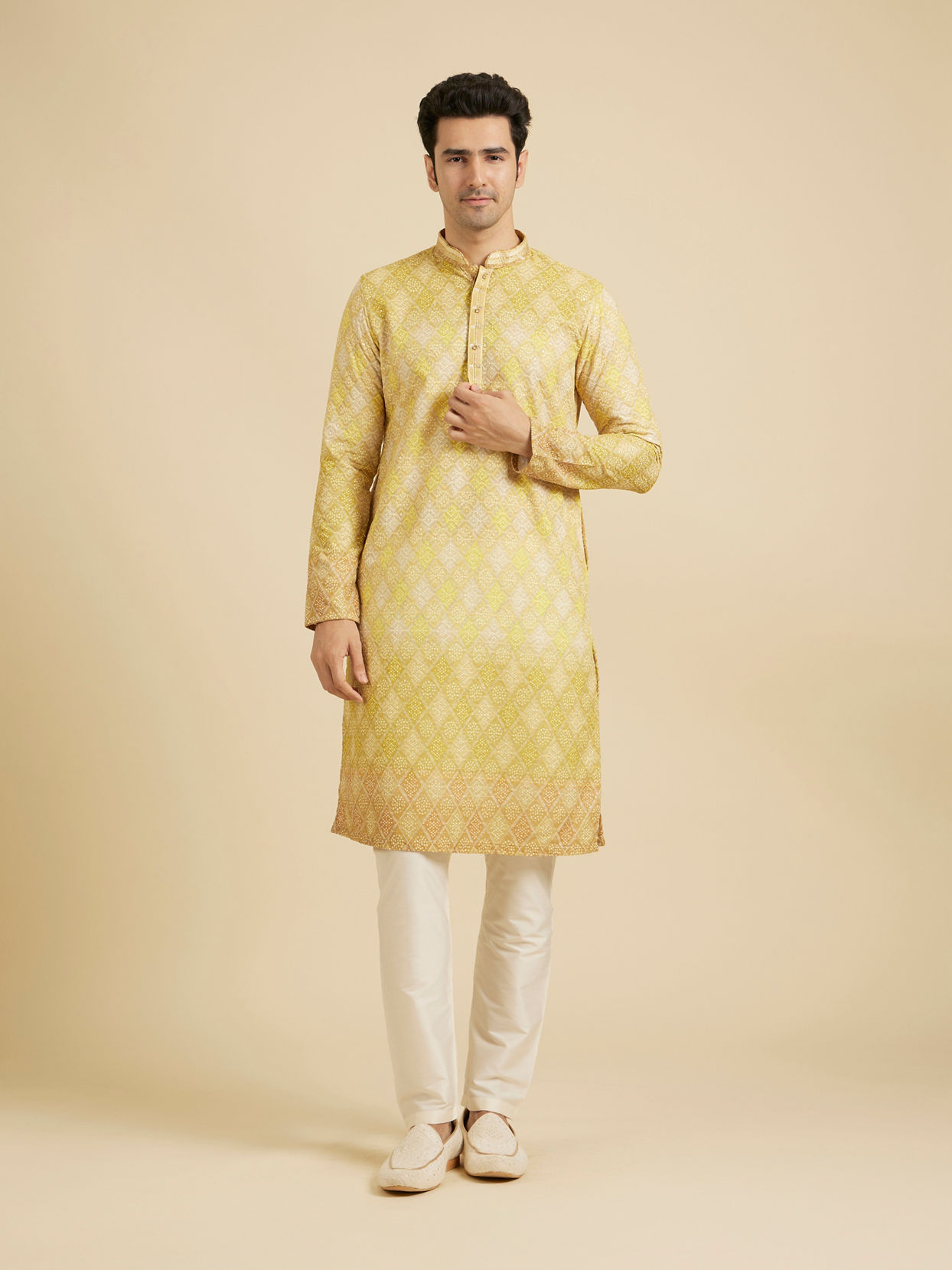 Manyavar Men Radiant Mustard Cotton Kurta Pajama image number 2