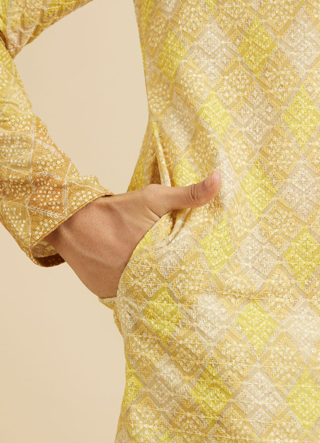 Manyavar Men Mustard Yellow Ogee Pattern Chikankari Inspired Ditsy Print Kurta Set