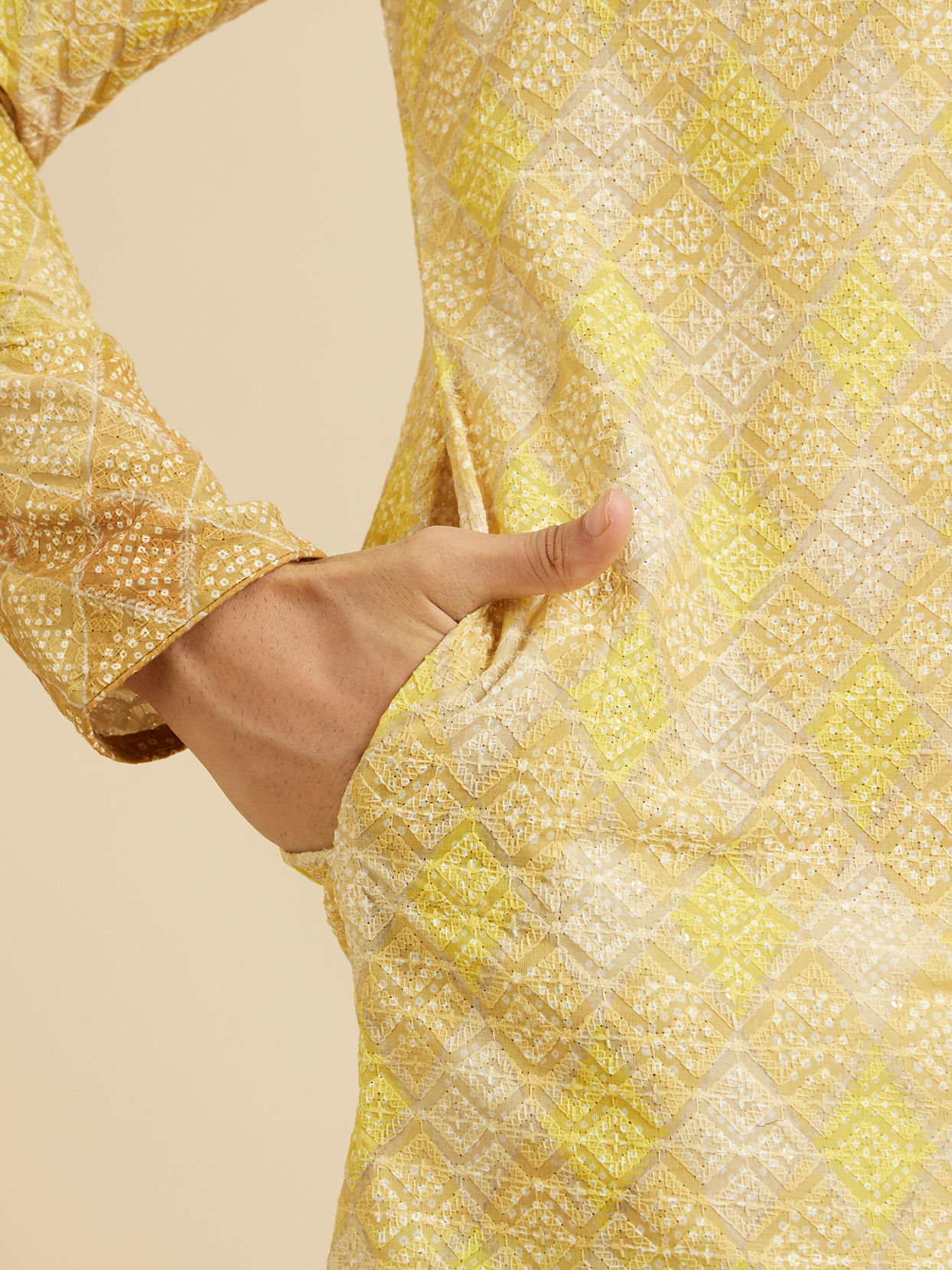 Manyavar Men Mustard Yellow Ogee Pattern Chikankari Inspired Ditsy Print Kurta Set