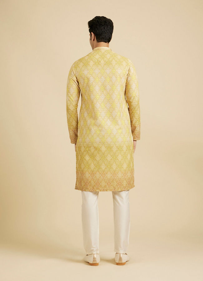 Manyavar Men Mustard Yellow Ogee Pattern Chikankari Inspired Ditsy Print Kurta Set
