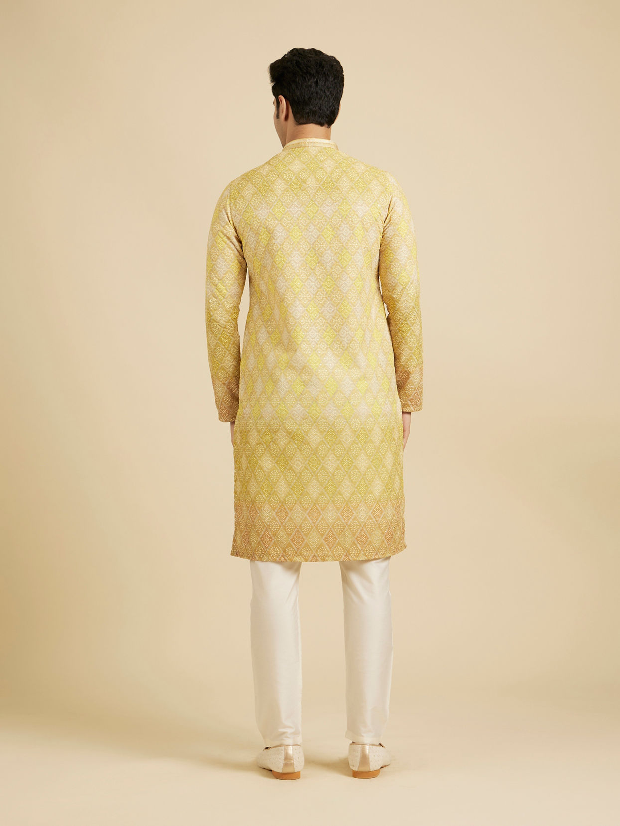 Manyavar Men Mustard Yellow Ogee Pattern Chikankari Inspired Ditsy Print Kurta Set