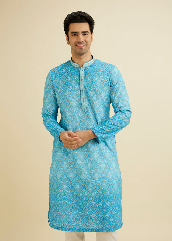 Manyavar Men Light Blue Blended Cotton Kurta Pajama