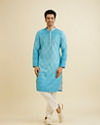 Manyavar Men Light Blue Blended Cotton Kurta Pajama