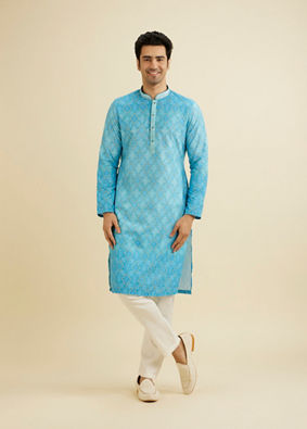 Manyavar Men Light Blue Blended Cotton Kurta Pajama image number 2