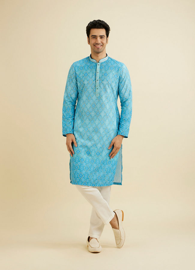 Manyavar Men Light Blue Blended Cotton Kurta Pajama