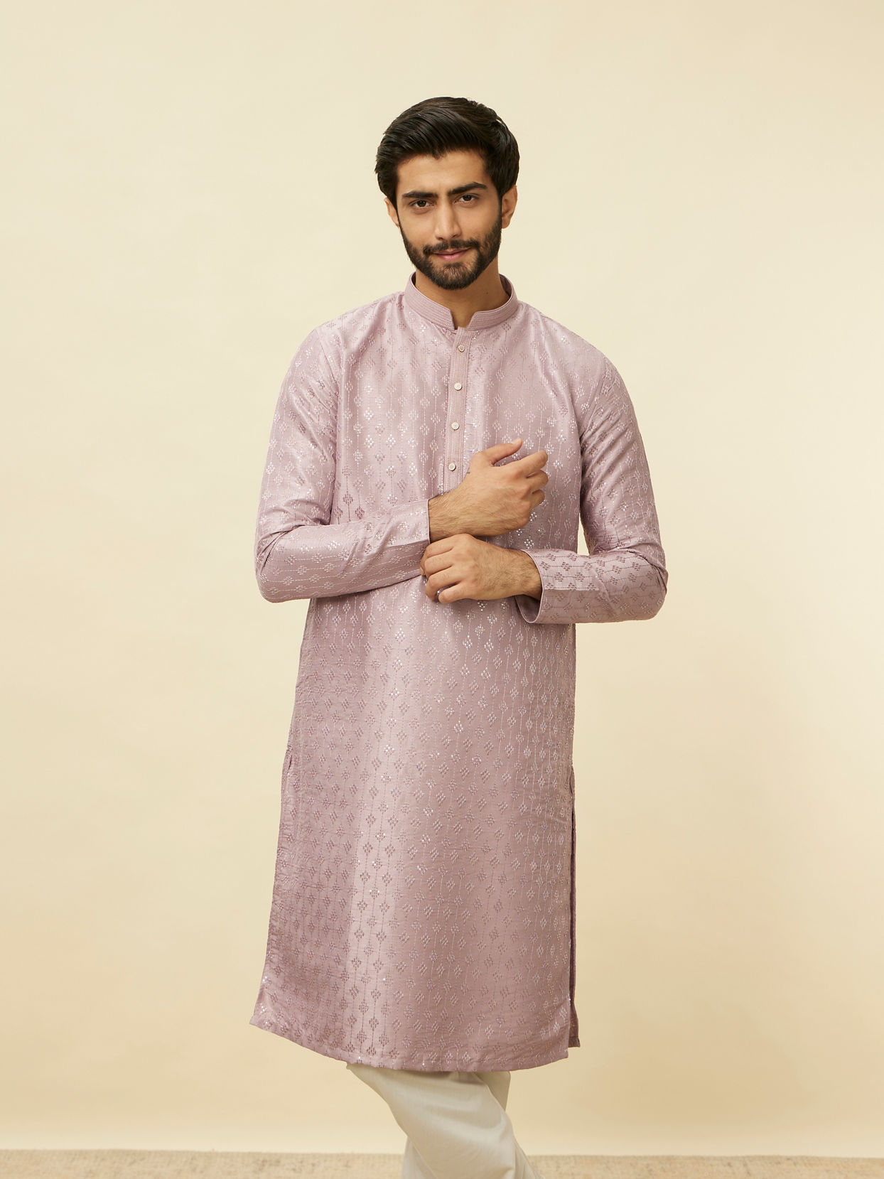 Manyavar Men Lilac Diamond String Patterned Kurta Set image number 0