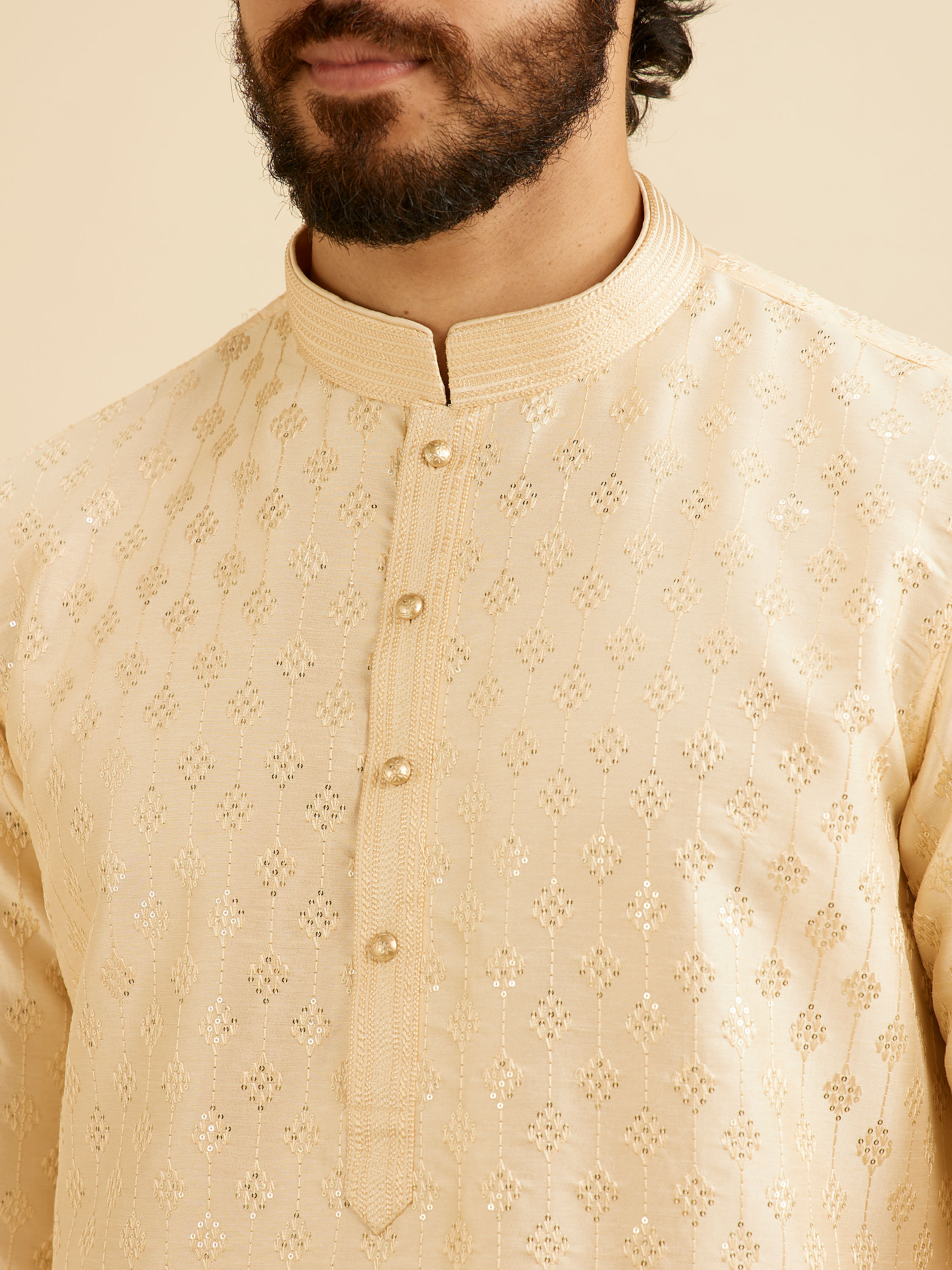 Manyavar Men Cream Beige Kurta Set with Patra Work