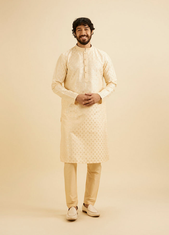 Manyavar Men Cream Beige Kurta Set with Patra Work