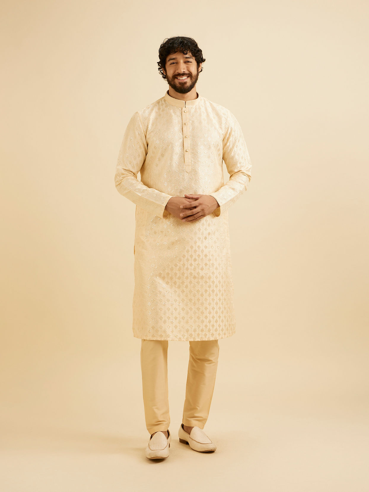 Manyavar Men Cream Beige Kurta Set with Patra Work image number 2