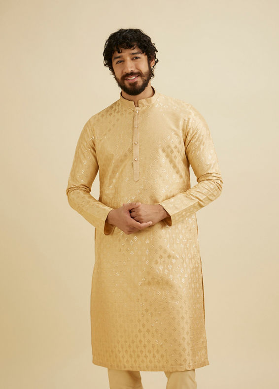 Manyavar Men Light Fawn Kurta Set with Patra Work