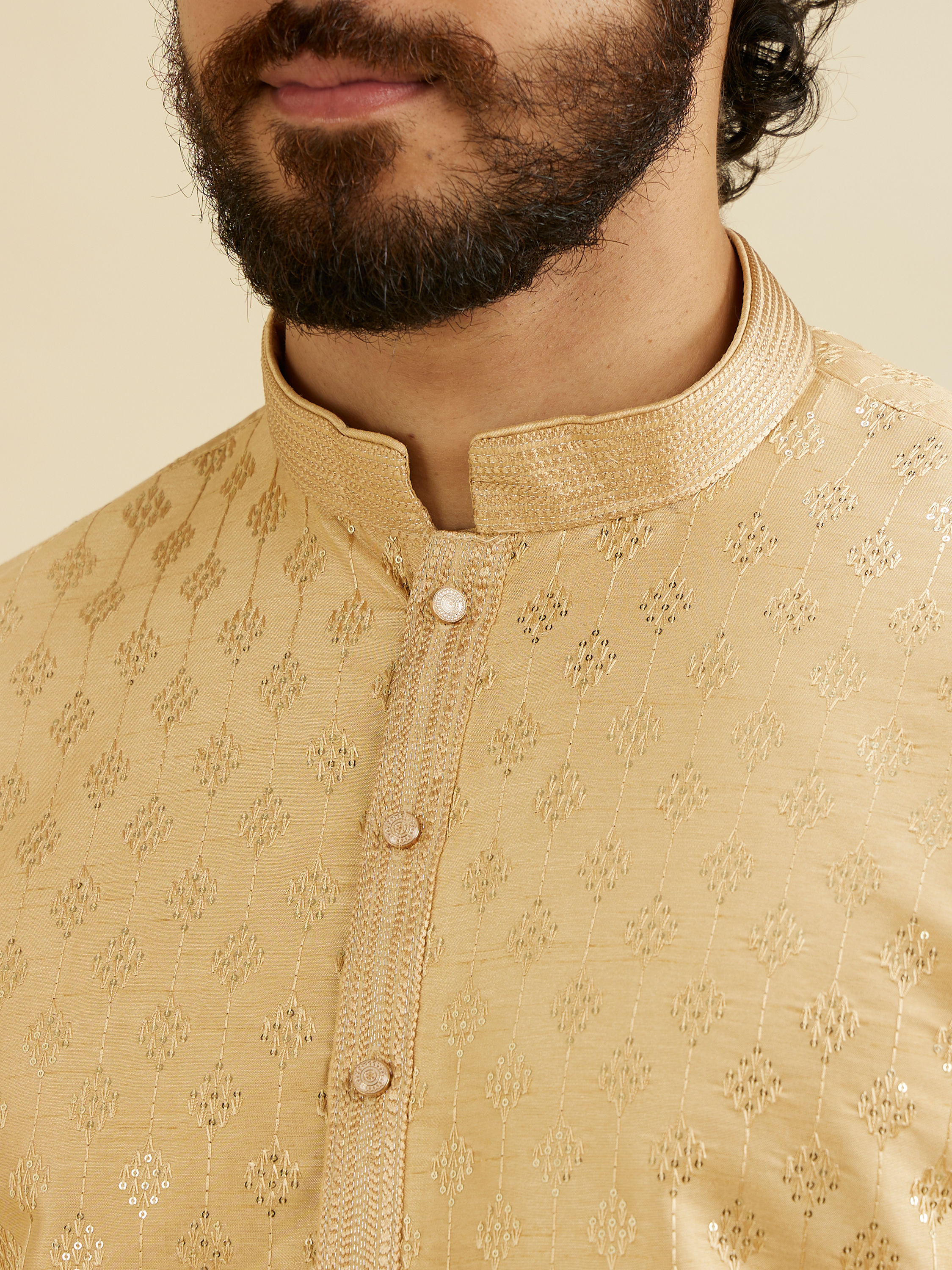 Manyavar Men Light Fawn Kurta Set with Patra Work