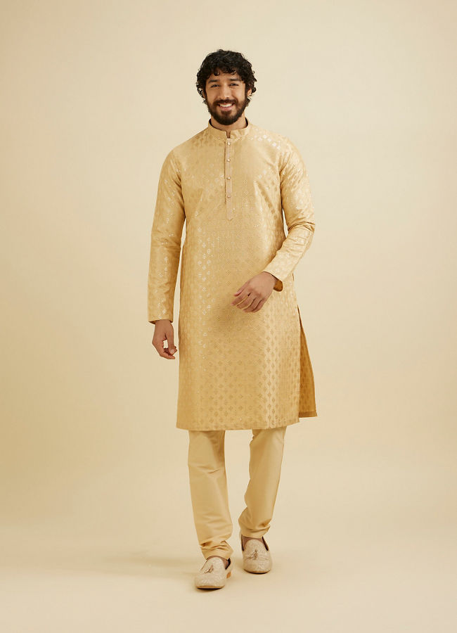 Manyavar Men Light Fawn Kurta Set with Patra Work image number 2